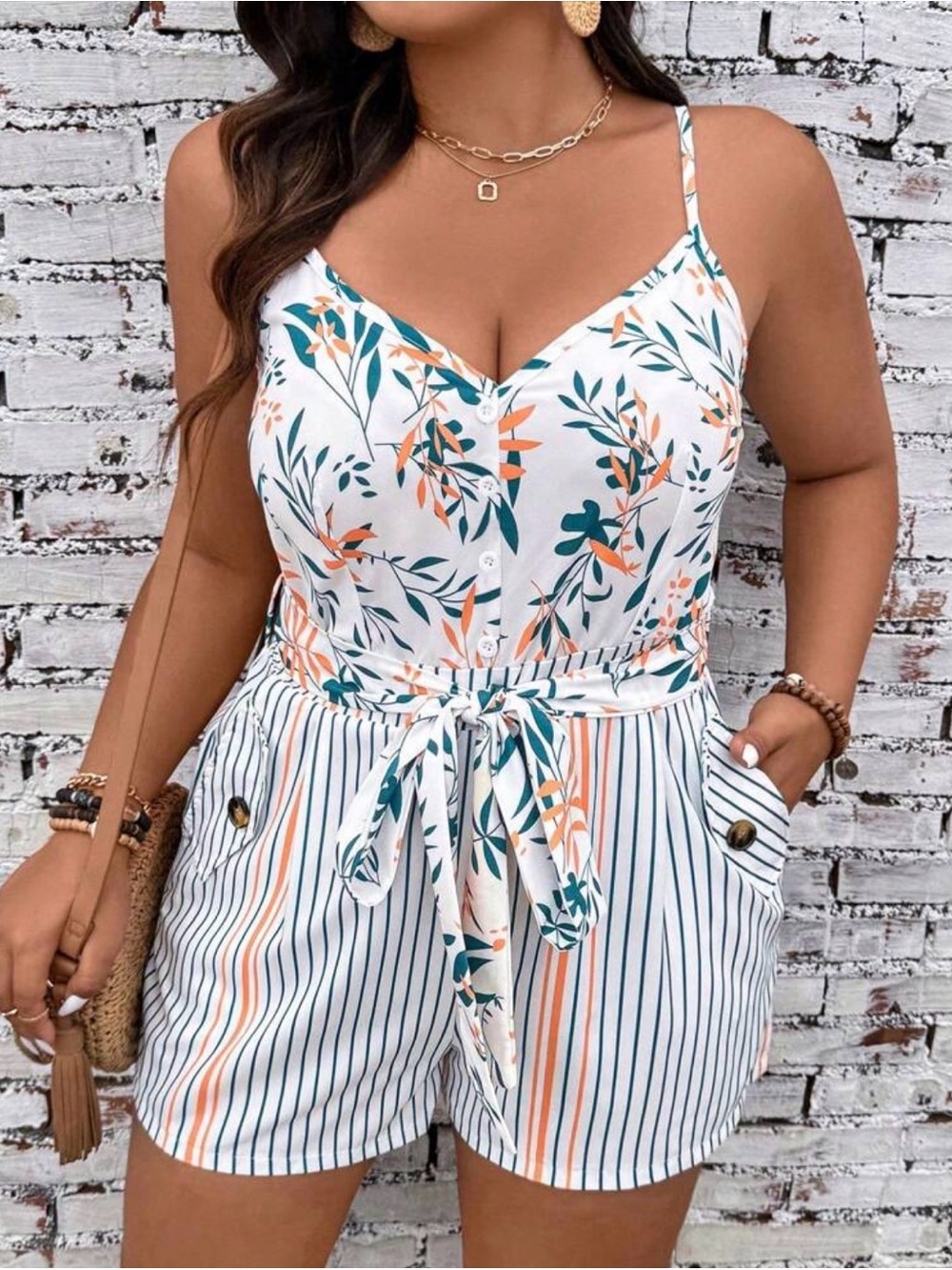 SHEIN White Floral & Teal-Orange Striped Tie-Waist Romper
